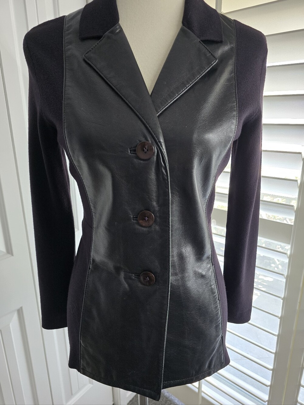 Vintage Anne Klein Black Genuine Leather-Front Back Sweater Blazer Jacket
